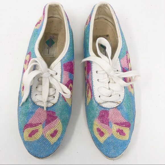 VINTAGE Beadz Beaded Lace Up Sneakers Pastels 7.5 - Picture 3 of 11